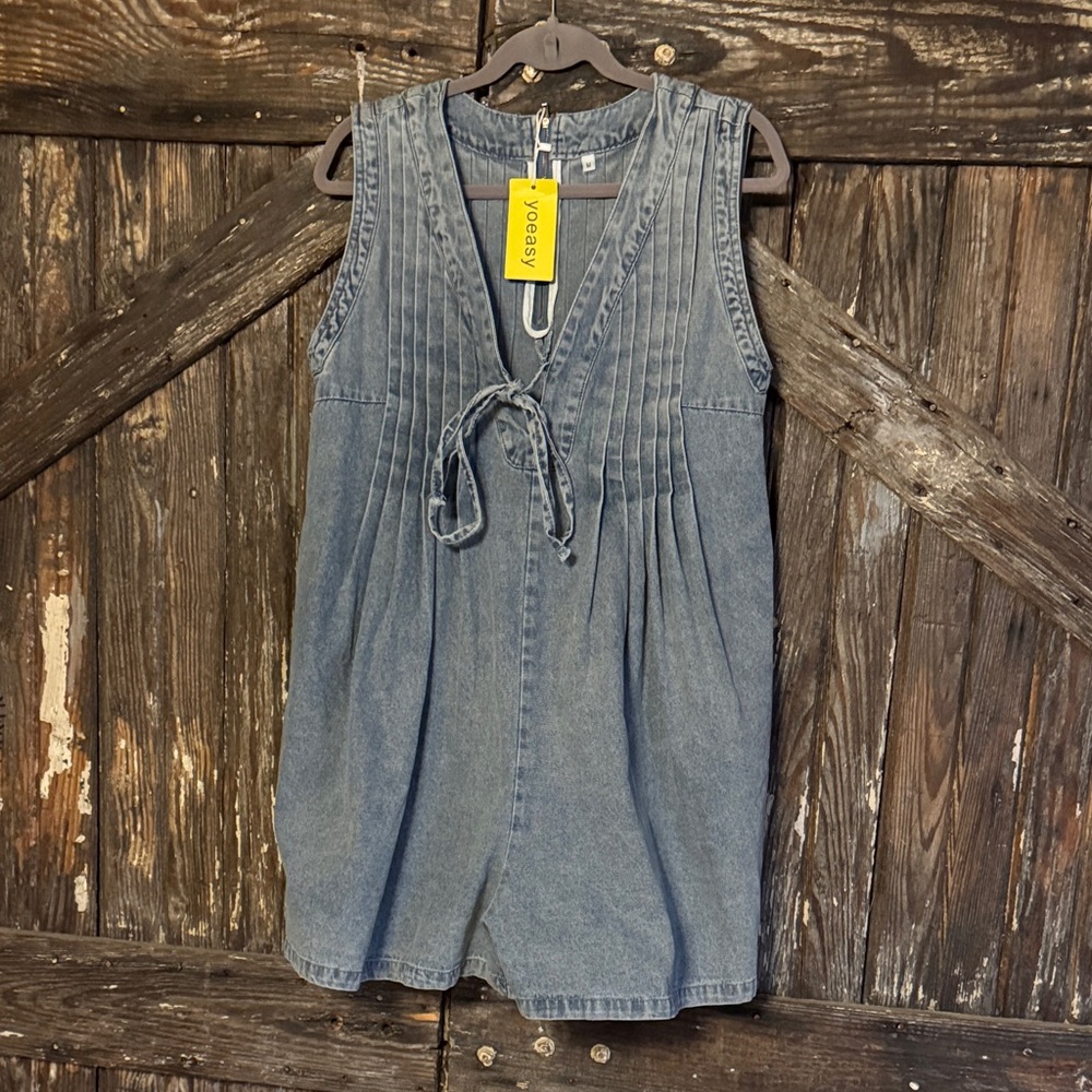 Light Wash Denim Romper with Pockets